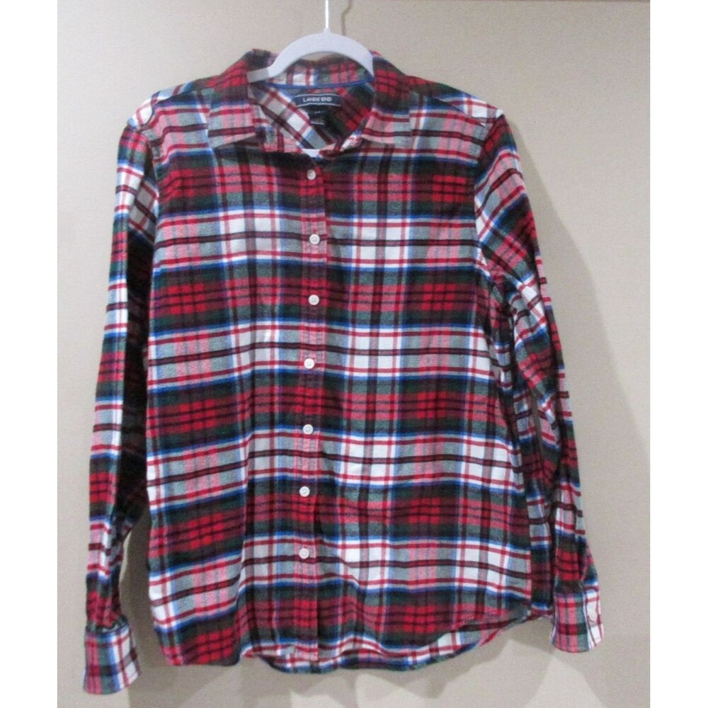 Land's End Button Down Shirt Girls 14 Red/Green Plaid Soft Cotton
